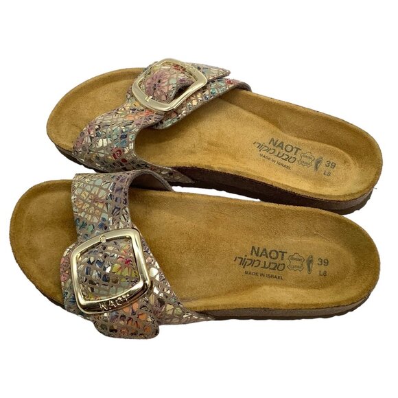 NAOT Maryland Gold Big Buckle Slide Sandals 39 8 Golden Floral Leather One Strap - Picture 4 of 12